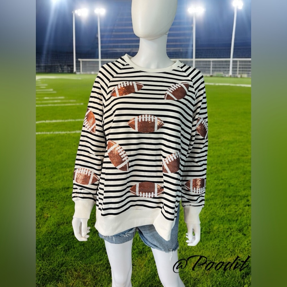 Cutest sequin football striped pullover S M L XL - Picture 2 of 5